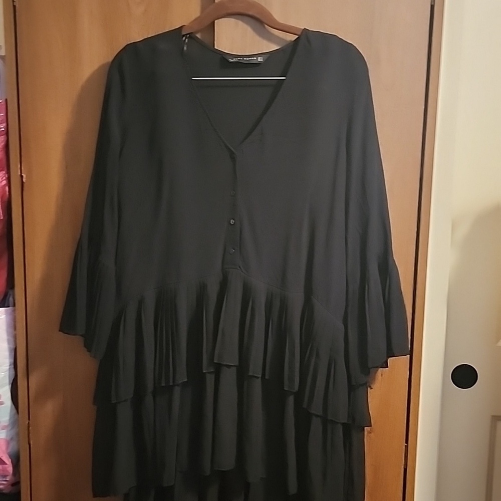 Zara Black Long Layered Accordion Pleated Chiffon Blouse Top Tunic Size S